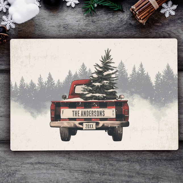 Retro Red Plaid Christmas Truck Custom Family Name Placemat (Creator Uploaded)