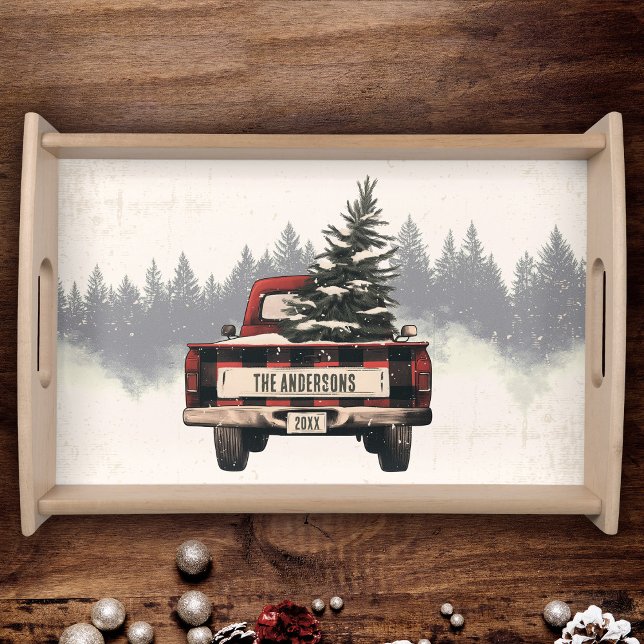 Retro Red Plaid Christmas Truck Custom Family Name Serving Tray (Creator Uploaded)