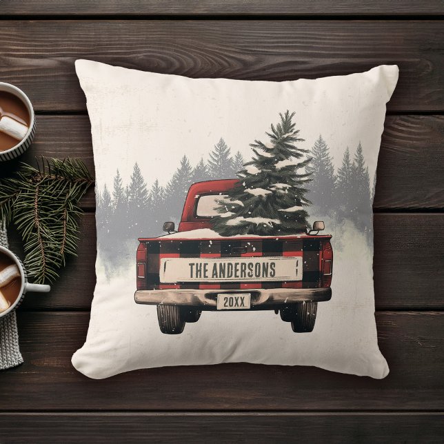 Retro Red Plaid Christmas Truck Custom Family Name Throw Pillow (Creator Uploaded)