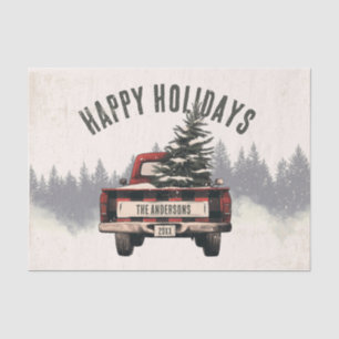 Retro Red Plaid Christmas Truck Custom Family Name Tissue Paper