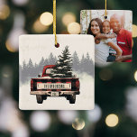 Retro Red Plaid Christmas Truck Custom Photo Ceramic Ornament<br><div class="desc">Deck the halls with our retro red plaid Christmas truck ornament! Personalized with your family name,  it's the perfect festive touch to add charm and nostalgia to your holiday tree this season.</div>
