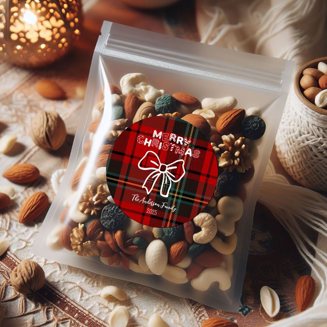 Retro Red Plaid Whimsical Christmas  Classic Round Sticker (Creator Uploaded)