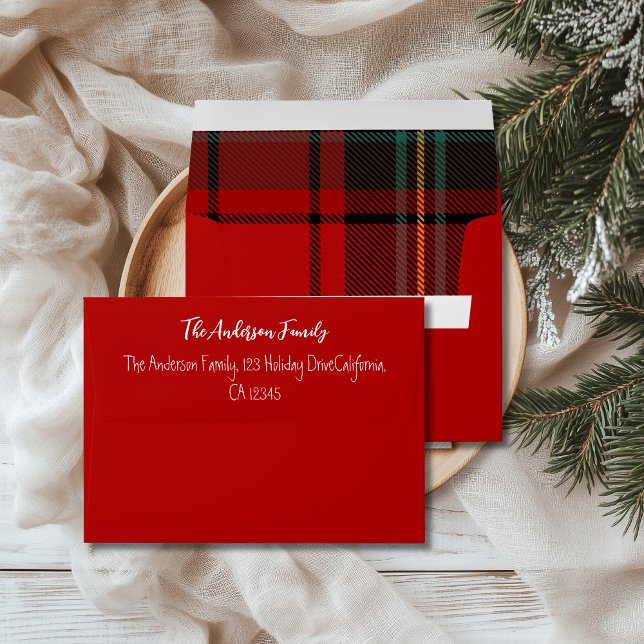 Retro Red Plaid Whimsical Christmas  Envelope (Creator Uploaded)