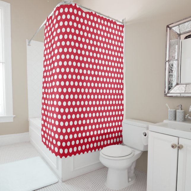 Retro Red Polka Dot Bathroom Shower Curtain (In Situ)