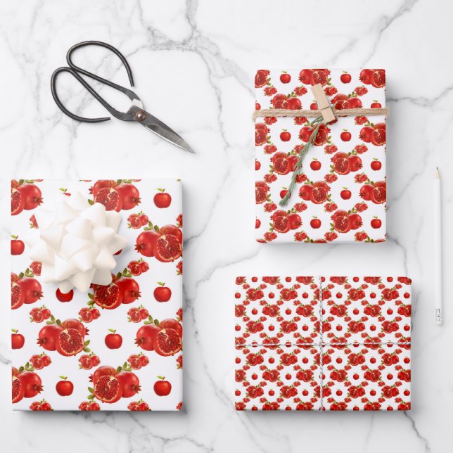 Retro Red Pomegranate Fruit Pattern Theme Wrapping Paper Sheets (Front)