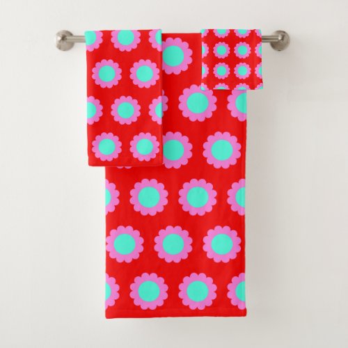 Retro Red Pop Flower Pattern Mod 60s Boho Style Bath Towel Set
