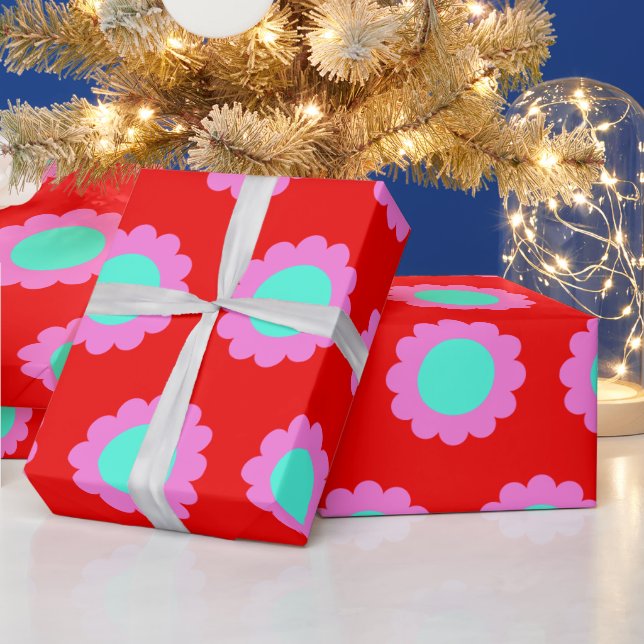 Retro Red Pop Flower Pattern Mod 60s Boho Style Wrapping Paper (Holidays)