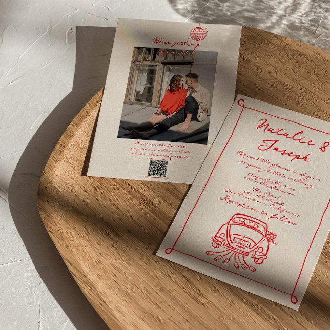 Retro Red QR Code Hand Drawn Written Photo Wedding Invitation (Creator Uploaded)