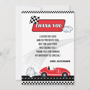 Retro red race car boy birthday party thank you card