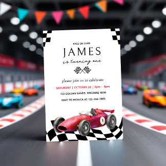 Retro Red Race Car Checkered Flags 1st Birthday Invitation