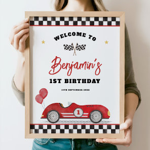 Retro Red Race Car Fast One Birthday Welcome Poster