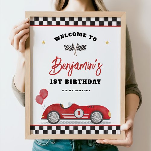 Retro Red Race Car Fast One Birthday Welcome Poster