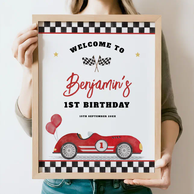 Retro Red Race Car Fast One Birthday Welcome Poster
