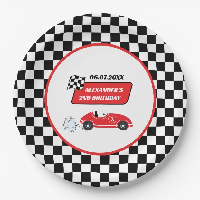Retro red race car racing boy 2nd birthday  paper plates (Front)