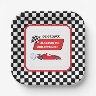 Retro red race car racing boy 3rd birthday paper plates