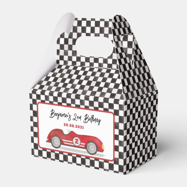 Retro Red Race Car Two Fast Boy 2nd Birthday Favor Boxes (Front Side)