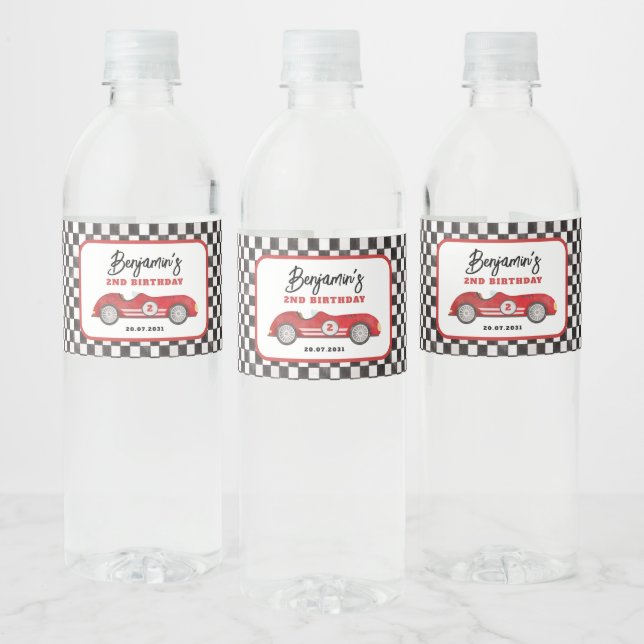 Retro Red Race Car Two Fast Boy 2nd Birthday Water Bottle Label (Bottles)