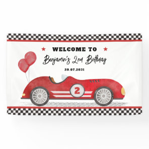 Retro Red Race Car Two Fast Boy Birthday Welcome Banner