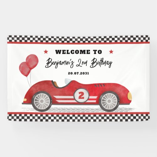 Retro Red Race Car Two Fast Boy Birthday Welcome Banner