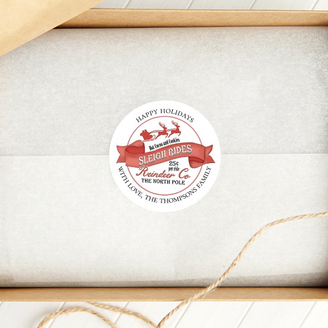 Retro Red Reindeer Christmas Custom Classic Round Sticker (Christmas gift label with vintage Santa Claus design. )