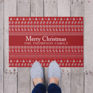Retro Red Reindeer Custom Merry Christmas Doormat