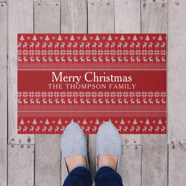 Retro Red Reindeer Custom Merry Christmas Doormat (Creator Uploaded)