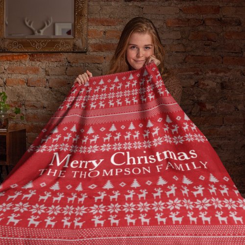 Retro Red Reindeer Custom Merry Christmas Fleece Blanket