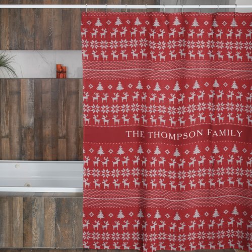 Retro Red Reindeer Monogram Nostalgic Christmas Shower Curtain