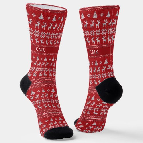 Retro Red Reindeer Nostalgic Christmas Monogram Socks