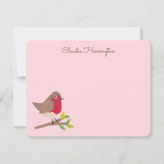 Retro Red Robin Hand-Illustrated Pastel Pink Note Card