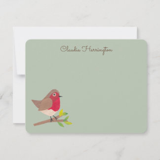 Retro Red Robin Hand-Illustrated Sage Green Note Card