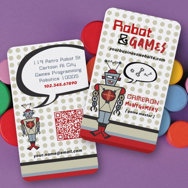 Retro Red Robot & Games Kids Cartoon Nuts & Bolts Business Card (Retro Red Robot & Games Kids Cartoon Nuts & Bolts Business/Profile Card @ fatfatin_mini_me)