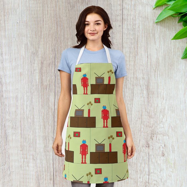 Retro Red Robot Mid-Century Modern Minimalist Apron (Creator Uploaded)