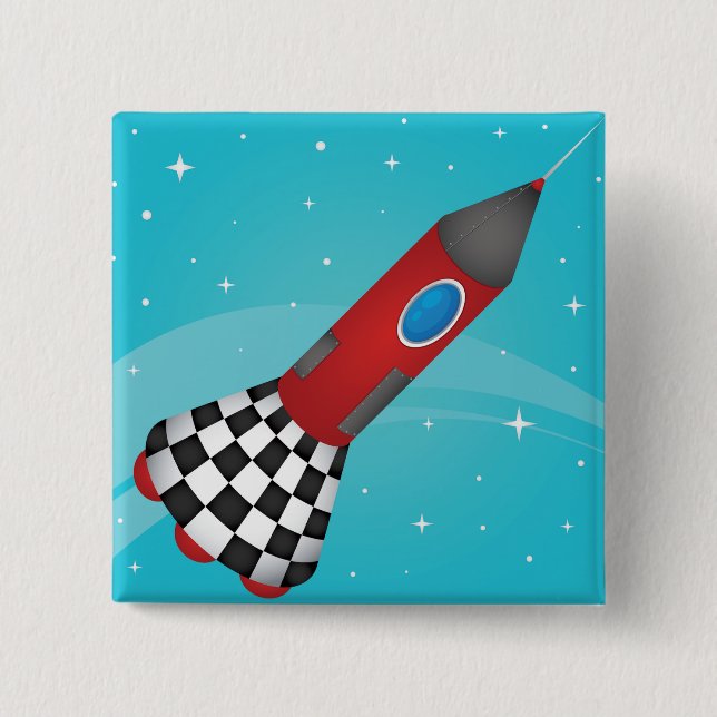 Retro Red Rocket Ship in Space Galactic Button (Front)