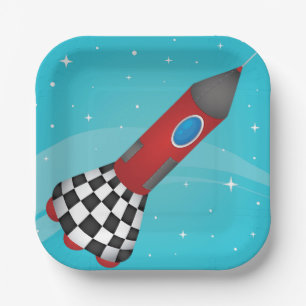 Retro Red Rocket Ship in Space Galactic Paper Plates