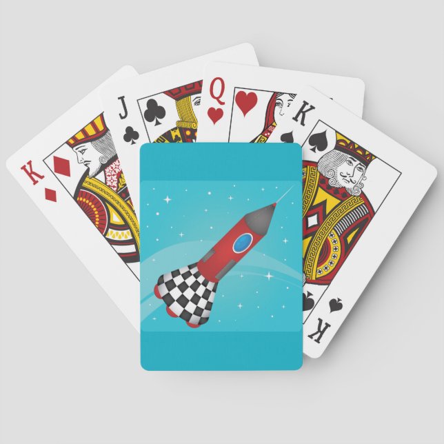 Retro Red Rocket Ship in Space Galactic Poker Cards (Back)