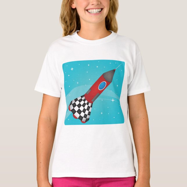 Retro Red Rocket Ship in Space Galactic T-Shirt (Front)