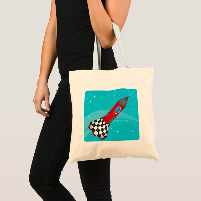 Retro Red Rocket Ship in Space Galactic Tote Bag (Creator Uploaded)