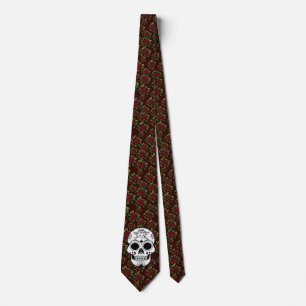 retro red roses sugar skull neck tie