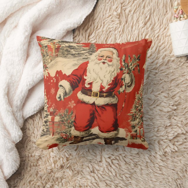 Retro Red Santa Claus Throw Pillow (Blanket)