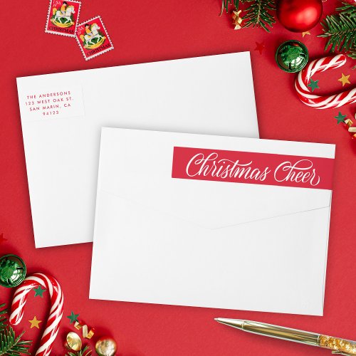 Retro Red Script Christmas Cheer Return Address Wrap Around Label