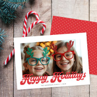 Retro Red Script Happy Holidays One Photo