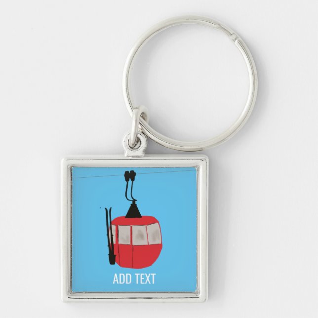 Retro Red Ski Gondola Lift Personalized Blue Keychain (Front)