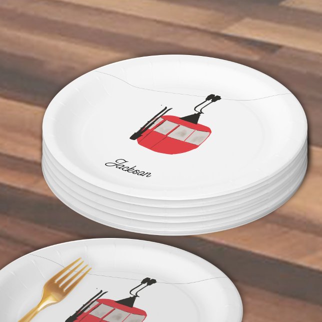 Retro Red Ski Gondola Lift Personalized Paper Plates (Creator Uploaded)