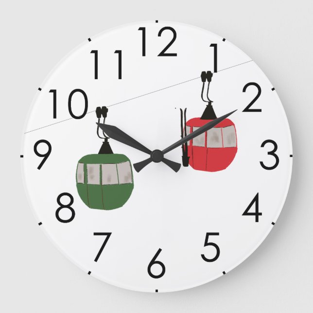 Retro Red Ski Gondola Lift Skiers Large Clock (Front)