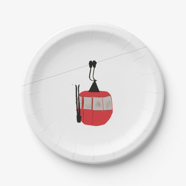 Retro Red Ski Gondola Lift Skiers Paper Plates (Front)