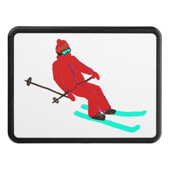 Retro Red Skier Skiing Ski Illustration Hitch Cover (Front)