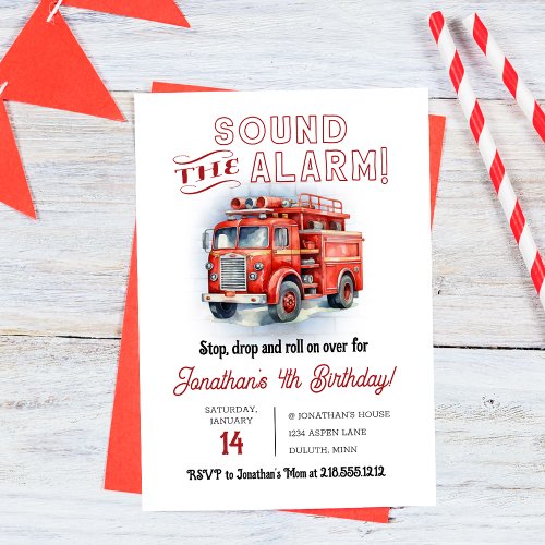 Retro Red Sound the Alarm Fire Truck Birthday Invitation