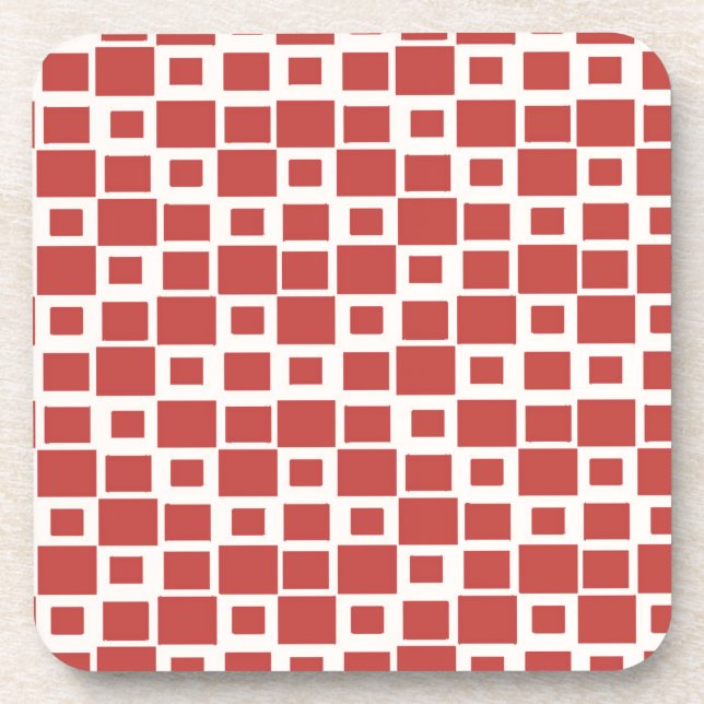 Retro Red Squares Pattern Drink Coaster (Front)