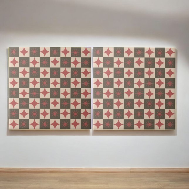 Retro Red Starburst Checkered Mid Century Modern Ceramic Tile (Creator Uploaded)